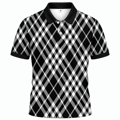 Áo Polo BEAVERTEE INT-89 Nam Nữ, Áo Polo Thể Thao Unisex Họa Tiết Hình Thoi Caro Trắng Đen, Phong Cách Tối Giản Cá Tính Hiện Đại, Vải Poly Thái Co Giãn Thoáng Mát, Regular Fit