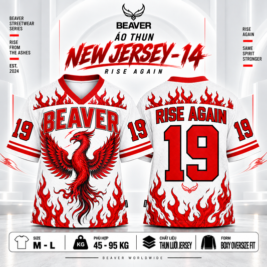 Áo Thun New Jersey BEAVERTEE NJS-14 Nam Nữ, Áo Thun Thể Thao Unisex, Họa Tiết Phượng Hoàng Lửa Số 19 Trắng Đỏ, Phong Cách Streetwear Cá Tính, Jersey Thun Lưới Thoáng Khí, Form Oversize