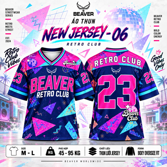 Áo Thun New Jersey BEAVERTEE NJS-06 Nam Nữ, Áo Thun Thể Thao Unisex, Họa Tiết Retro Hình Học Số 23 Xanh Hồng, Phong Cách Streetwear, Jersey Thun Lưới Thoáng Khí, Form Oversize