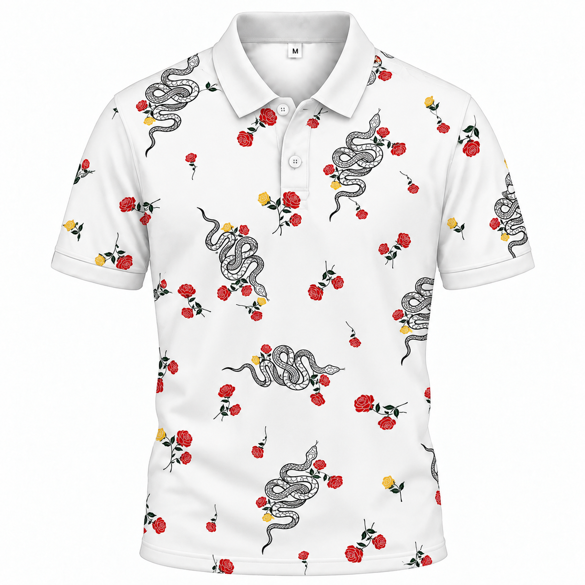 Áo Polo BEAVERTEE INT-17 Nam Nữ, Áo Polo Thể Thao Unisex Họa Tiết Rắn Hoa Hồng Đỏ Trên Nền Trắng, Phong Cách Cá Tính Nghệ Thuật, Vải Poly Thái Co Giãn Thoáng Mát, Regular Fit