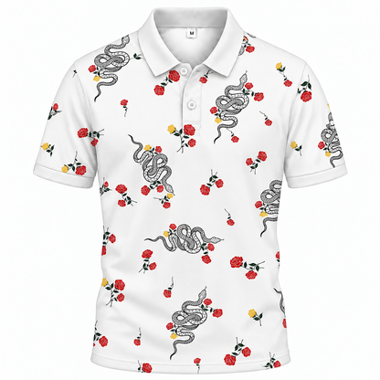 Áo Polo BEAVERTEE INT-17 Nam Nữ, Áo Polo Thể Thao Unisex Họa Tiết Rắn Hoa Hồng Đỏ Trên Nền Trắng, Phong Cách Cá Tính Nghệ Thuật, Vải Poly Thái Co Giãn Thoáng Mát, Regular Fit
