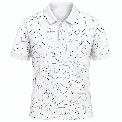 Áo Polo BEAVERTEE INT-11 Nam Nữ, Áo Polo Thể Thao Unisex Họa Tiết Chòm Sao Đen Trên Nền Trắng, Phong Cách Tối Giản Hiện Đại, Vải Poly Thái Co Giãn Thoáng Mát, Regular Fit