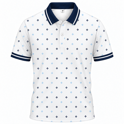 Áo Polo BEAVERTEE INT-96 Nam Nữ, Áo Polo Thể Thao Unisex Họa Tiết Hình Thoi Xanh Navy Xanh Dương Trên Nền Trắng, Phong Cách Tối Giản Thanh Lịch, Vải Poly Thái Co Giãn Thoáng Mát, Regular Fit