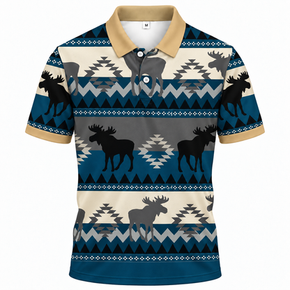 Áo Polo BEAVERTEE INT-94 Nam Nữ, Áo Polo Thể Thao Unisex Họa Tiết Tuần Lộc Phối Thổ Cẩm Xanh Beige, Phong Cách Vintage Cá Tính, Vải Poly Thái Co Giãn Thoáng Mát, Regular Fit