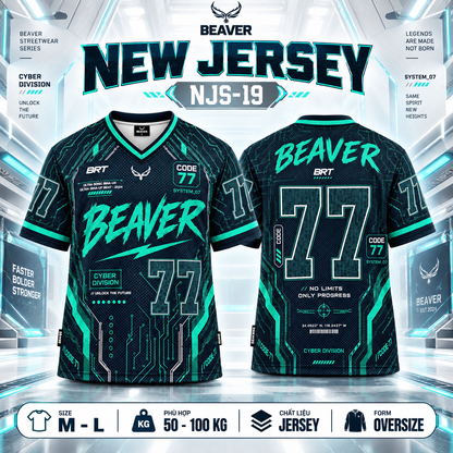 Áo Thun New Jersey BEAVERTEE NJS-19 Nam Nữ, Áo Thun Thể Thao Unisex, Họa Tiết Công Nghệ Cyber Số 77 Đen Xanh, Phong Cách Futuristic Streetwear Cá Tính, Jersey Thun Lưới Thoáng Khí, Form Oversize