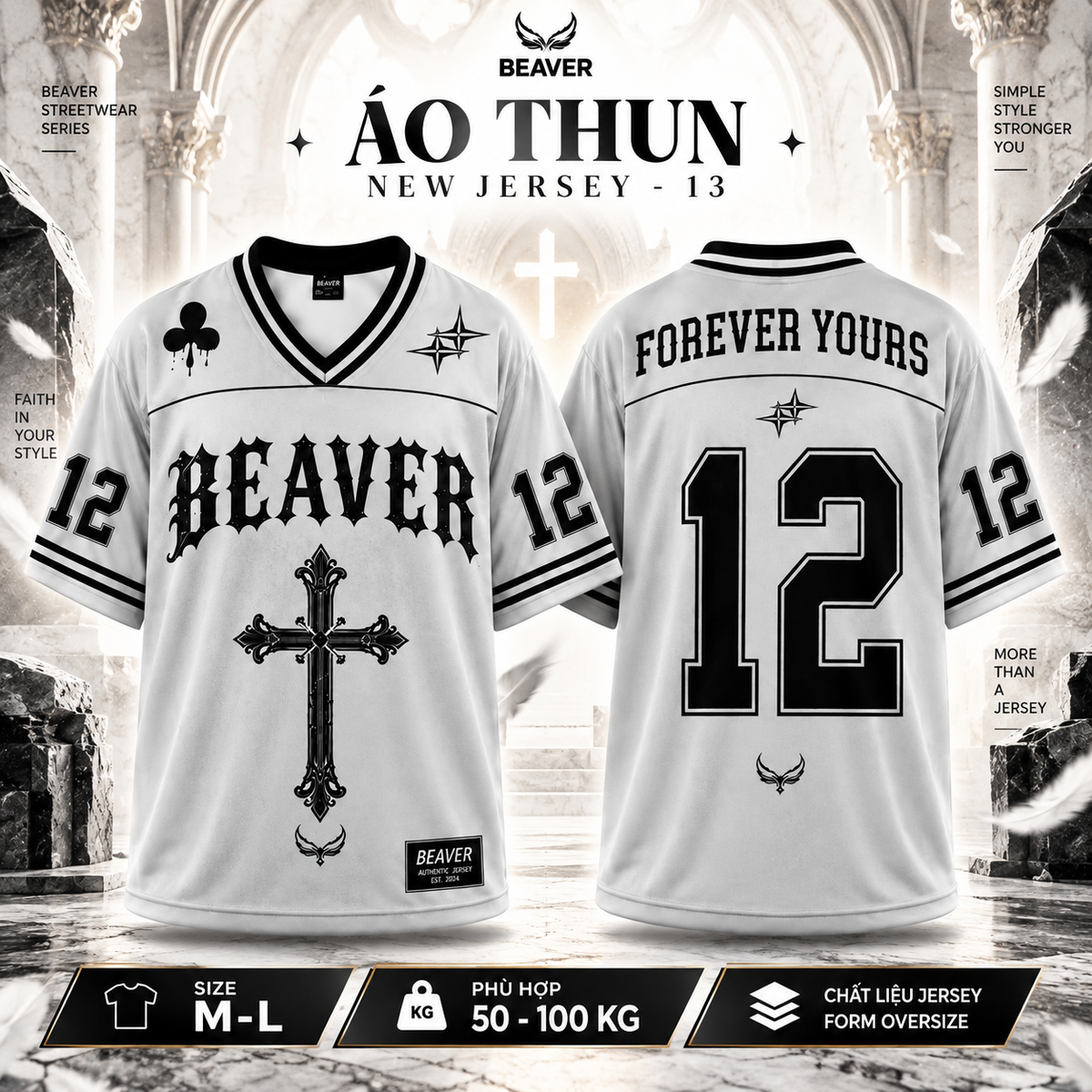 Áo Thun New Jersey BEAVERTEE NJS-13 Nam Nữ, Áo Thun Thể Thao Unisex, Họa Tiết Thánh Giá Gothic Số 12 Trắng Đen, Phong Cách Streetwear Cá Tính, Jersey Thun Lưới Thoáng Khí, Form Oversize