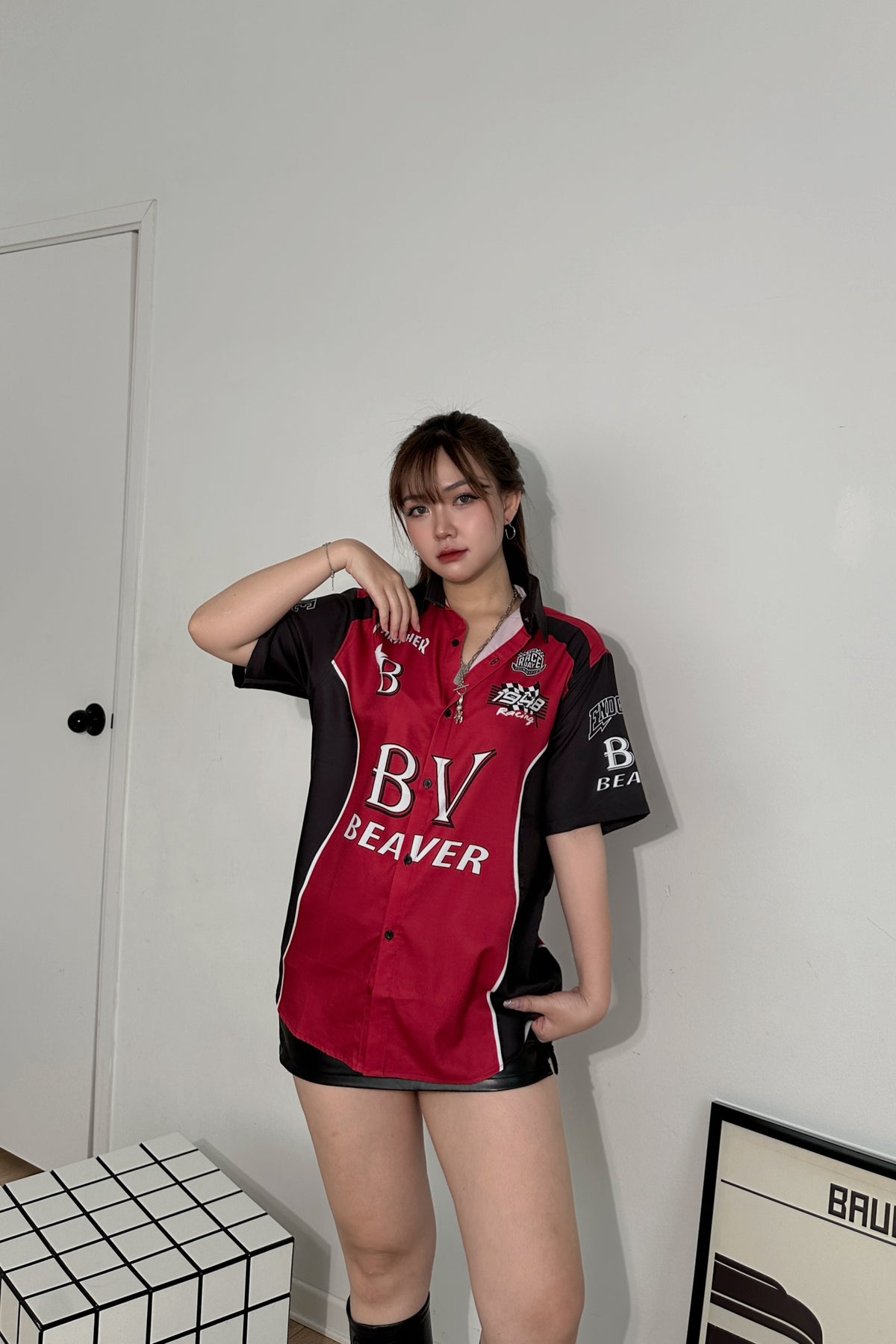 Áo Sơ Mi Phối SMR-42 BEAVERTEE Form Rộng Unisex Nam Nữ, Thiết Kế Phối Đỏ Đen Graphic BV Cá Tính, Lụa Hàn Mềm Mịn Thoáng Mát