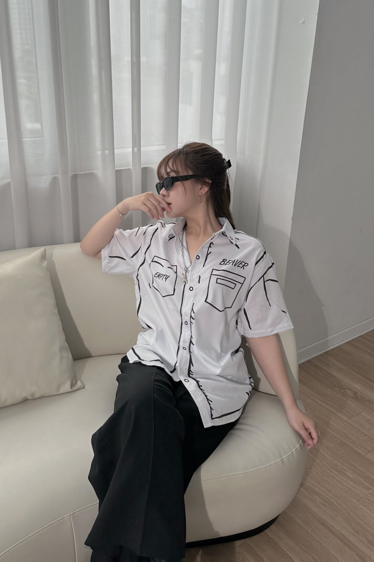 Áo Sơ Mi Phối SMR-40 BEAVERTEE Form Rộng Unisex Nam Nữ, Thiết Kế Nét Vẽ Đen Trắng Tối Giản Cá Tính, Lụa Hàn Mềm Mịn Thoáng Mát