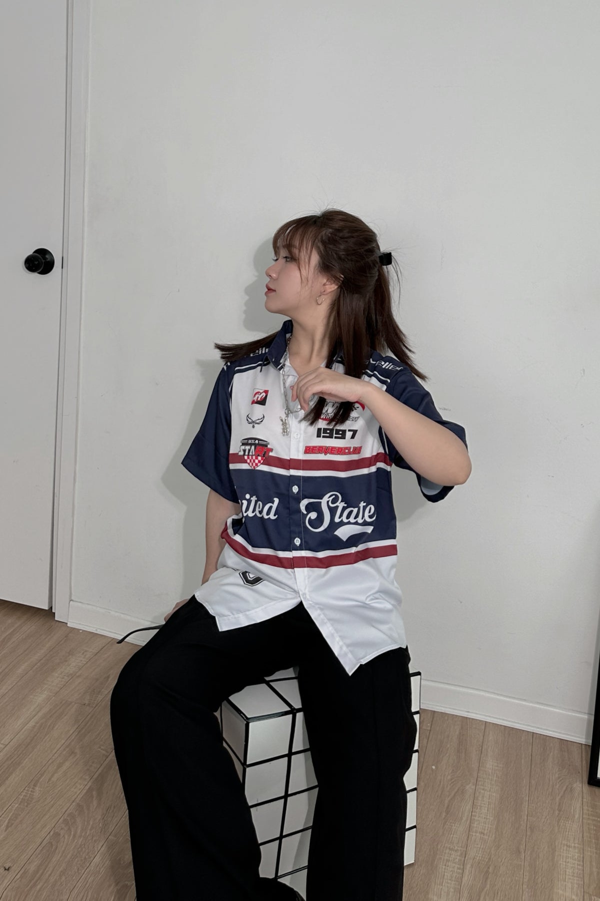 Áo Sơ Mi Phối SMR-50 BEAVERTEE Form Rộng Unisex Nam Nữ, Thiết Kế Phối Xanh Đen Trắng Đỏ Graphic United States Số 19 Cá Tính, Lụa Hàn Mềm Mịn Thoáng Mát