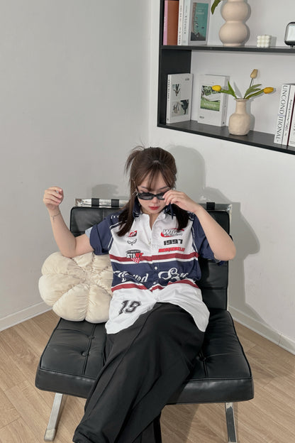 Áo Sơ Mi Phối SMR-50 BEAVERTEE Form Rộng Unisex Nam Nữ, Thiết Kế Phối Xanh Đen Trắng Đỏ Graphic United States Số 19 Cá Tính, Lụa Hàn Mềm Mịn Thoáng Mát