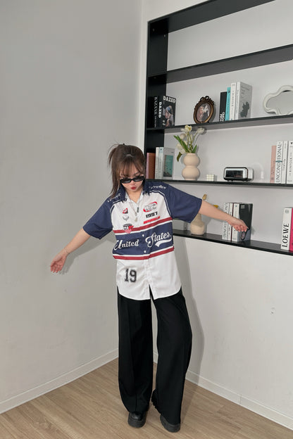 Áo Sơ Mi Phối SMR-50 BEAVERTEE Form Rộng Unisex Nam Nữ, Thiết Kế Phối Xanh Đen Trắng Đỏ Graphic United States Số 19 Cá Tính, Lụa Hàn Mềm Mịn Thoáng Mát