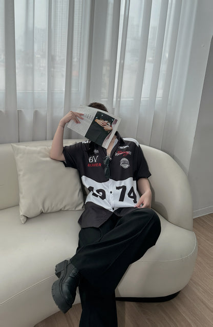 Áo Sơ Mi Phối SMR-41 BEAVERTEE Form Rộng Unisex Nam Nữ, Thiết Kế Phối Đen Trắng Đỏ 1974 Cá Tính, Lụa Hàn Mềm Mịn Thoáng Mát