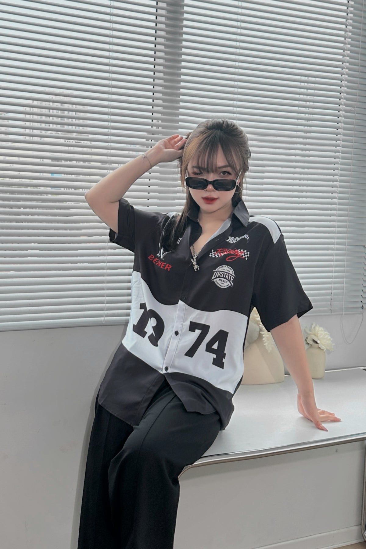 Áo Sơ Mi Phối SMR-41 BEAVERTEE Form Rộng Unisex Nam Nữ, Thiết Kế Phối Đen Trắng Đỏ 1974 Cá Tính, Lụa Hàn Mềm Mịn Thoáng Mát