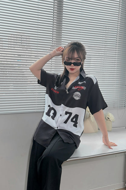 Áo Sơ Mi Phối SMR-41 BEAVERTEE Form Rộng Unisex Nam Nữ, Thiết Kế Phối Đen Trắng Đỏ 1974 Cá Tính, Lụa Hàn Mềm Mịn Thoáng Mát