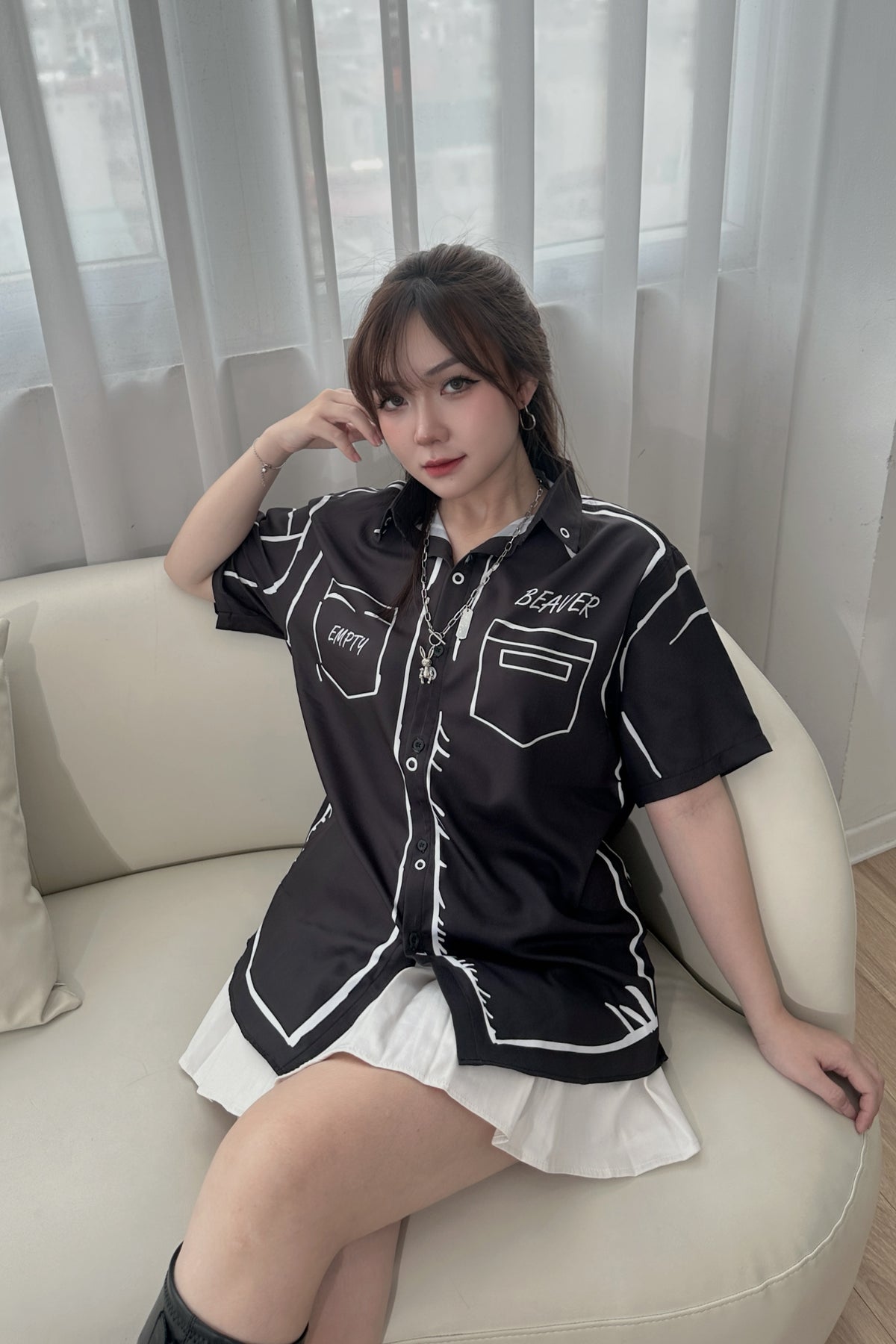 Áo Sơ Mi Phối SMR-39 BEAVERTEE Form Rộng Unisex Nam Nữ, Thiết Kế Nét Vẽ Đen Trắng Cá Tính, Lụa Hàn Mềm Mịn Thoáng Mát