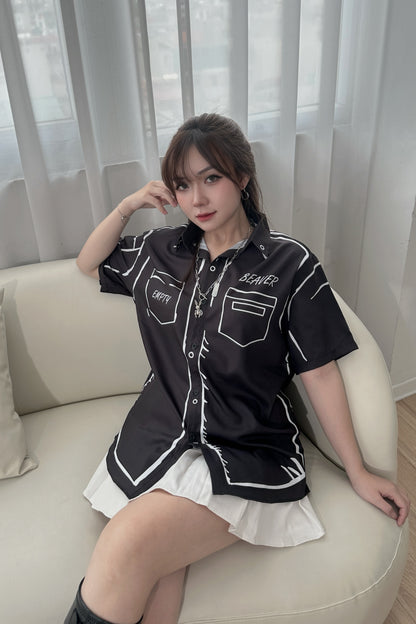 Áo Sơ Mi Phối SMR-39 BEAVERTEE Form Rộng Unisex Nam Nữ, Thiết Kế Nét Vẽ Đen Trắng Cá Tính, Lụa Hàn Mềm Mịn Thoáng Mát