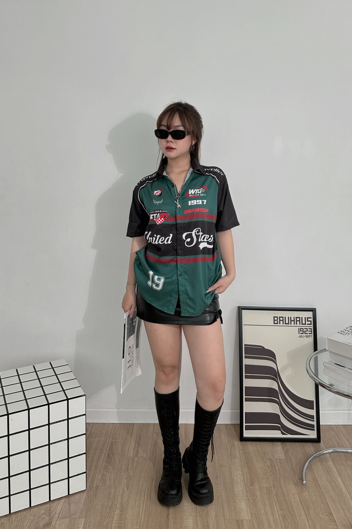 Áo Sơ Mi Phối SMR-51 BEAVERTEE Form Rộng Unisex Nam Nữ, Thiết Kế Xanh Rêu Đen Đỏ Graphic United States Số 19 Cá Tính, Lụa Hàn Mềm Mịn Thoáng Mát