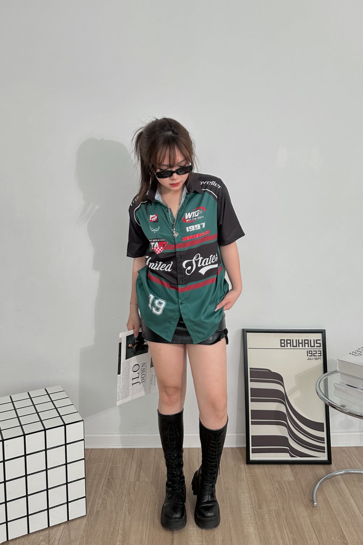 Áo Sơ Mi Phối SMR-51 BEAVERTEE Form Rộng Unisex Nam Nữ, Thiết Kế Xanh Rêu Đen Đỏ Graphic United States Số 19 Cá Tính, Lụa Hàn Mềm Mịn Thoáng Mát