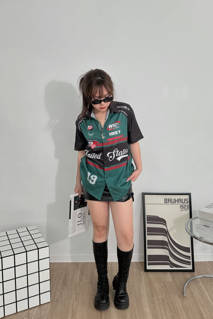 Áo Sơ Mi Phối SMR-51 BEAVERTEE Form Rộng Unisex Nam Nữ, Thiết Kế Xanh Rêu Đen Đỏ Graphic United States Số 19 Cá Tính, Lụa Hàn Mềm Mịn Thoáng Mát