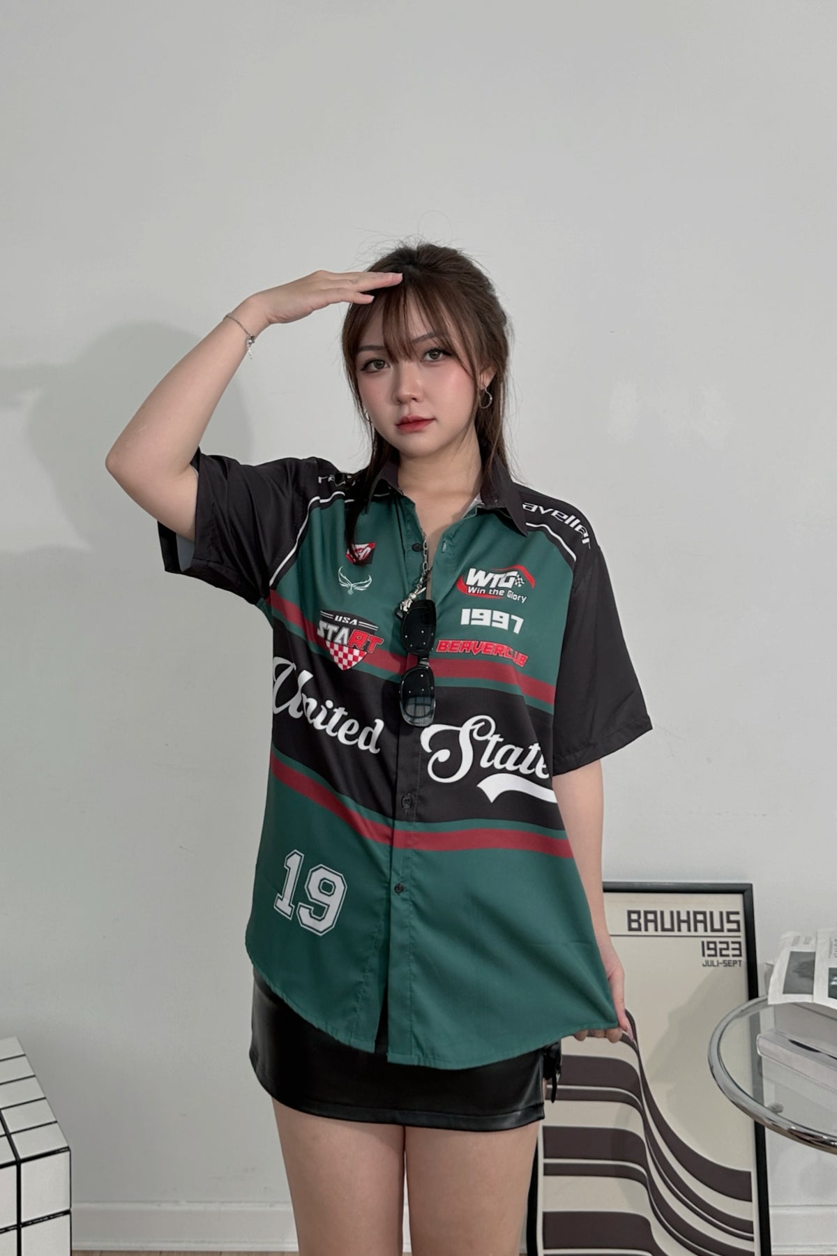 Áo Sơ Mi Phối SMR-51 BEAVERTEE Form Rộng Unisex Nam Nữ, Thiết Kế Xanh Rêu Đen Đỏ Graphic United States Số 19 Cá Tính, Lụa Hàn Mềm Mịn Thoáng Mát