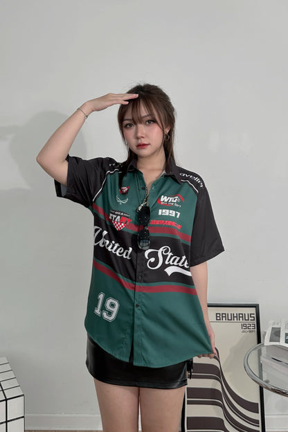 Áo Sơ Mi Phối SMR-51 BEAVERTEE Form Rộng Unisex Nam Nữ, Thiết Kế Xanh Rêu Đen Đỏ Graphic United States Số 19 Cá Tính, Lụa Hàn Mềm Mịn Thoáng Mát