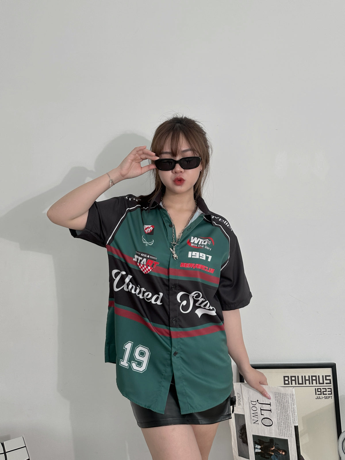 Áo Sơ Mi Phối SMR-51 BEAVERTEE Form Rộng Unisex Nam Nữ, Thiết Kế Xanh Rêu Đen Đỏ Graphic United States Số 19 Cá Tính, Lụa Hàn Mềm Mịn Thoáng Mát
