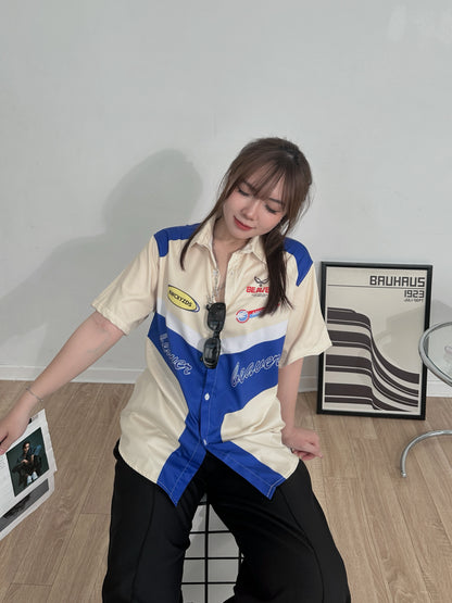 Áo Sơ Mi Phối SMR-49 BEAVERTEE Form Rộng Unisex Nam Nữ, Thiết Kế Phối Kem Xanh Trắng Graphic Retro Cá Tính, Lụa Hàn Mềm Mịn Thoáng Mát