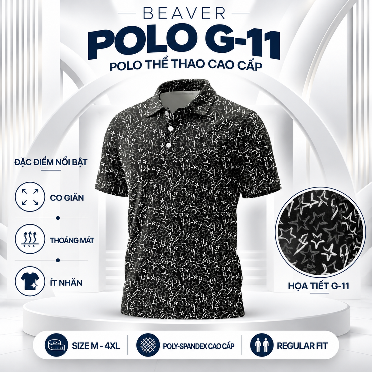 [ HÀNG XUẤT KHẨU ] - Áo Polo Thể Thao BEAVERTEE G-11 Nam Nữ, Golf, Tennis, Pickleball, Cầu Lông, Họa Tiết Ngôi Sao Đen Trắng, Vải Poly Co Giãn Mềm Nhẹ, Thoáng Mát Nhanh Khô, Form Vừa Vặn