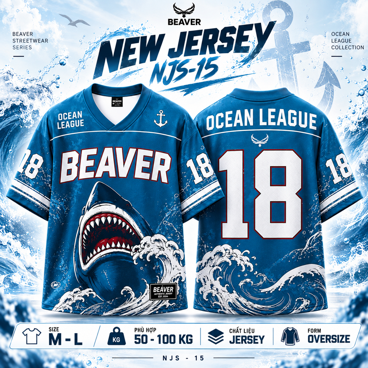 Áo Thun New Jersey BEAVERTEE NJS-15 Nam Nữ, Áo Thun Thể Thao Unisex, Họa Tiết Cá Mập Sóng Biển Số 18 Xanh Trắng, Phong Cách Ocean Streetwear Cá Tính, Jersey Thun Lưới Thoáng Khí, Form Oversize