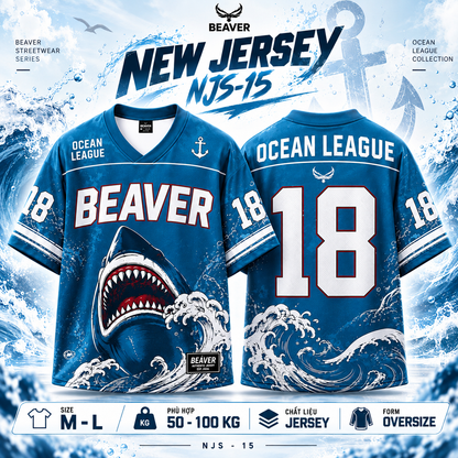 Áo Thun New Jersey BEAVERTEE NJS-15 Nam Nữ, Áo Thun Thể Thao Unisex, Họa Tiết Cá Mập Sóng Biển Số 18 Xanh Trắng, Phong Cách Ocean Streetwear Cá Tính, Jersey Thun Lưới Thoáng Khí, Form Oversize