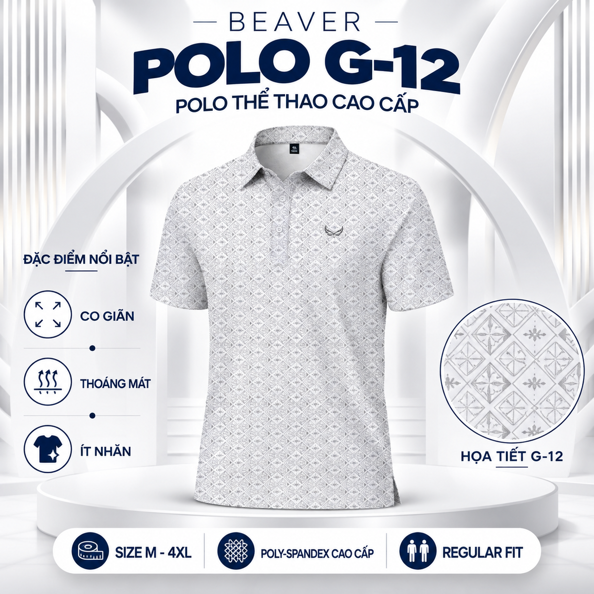 [ HÀNG XUẤT KHẨU ] - Áo Polo Thể Thao BEAVERTEE G-12 Nam Nữ, Golf, Tennis, Pickleball, Cầu Lông, Họa Tiết Hình Học Trắng Xám, Vải Poly Co Giãn Mềm Nhẹ, Thoáng Mát Nhanh Khô, Form Vừa Vặn