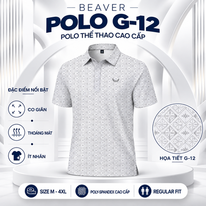 [ HÀNG XUẤT KHẨU ] - Áo Polo Thể Thao BEAVERTEE G-12 Nam Nữ, Golf, Tennis, Pickleball, Cầu Lông, Họa Tiết Hình Học Trắng Xám, Vải Poly Co Giãn Mềm Nhẹ, Thoáng Mát Nhanh Khô, Form Vừa Vặn