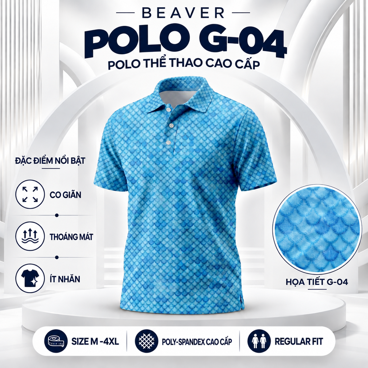 [ HÀNG XUẤT KHẨU ] - Áo Polo Thể Thao BEAVERTEE G-04 Nam Nữ, Golf, Tennis, Pickleball, Cầu Lông, Họa Tiết Vảy Cá Xanh Biển, Vải Poly Co Giãn Mềm Nhẹ, Thoáng Mát Nhanh Khô, Form Vừa Vặn