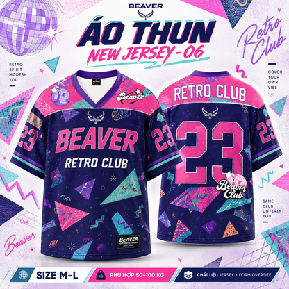 Áo Thun New Jersey BEAVERTEE NJS-06 Nam Nữ, Áo Thun Thể Thao Unisex, Họa Tiết Retro Hình Học Số 23 Xanh Hồng, Phong Cách Streetwear, Jersey Thun Lưới Thoáng Khí, Form Oversize