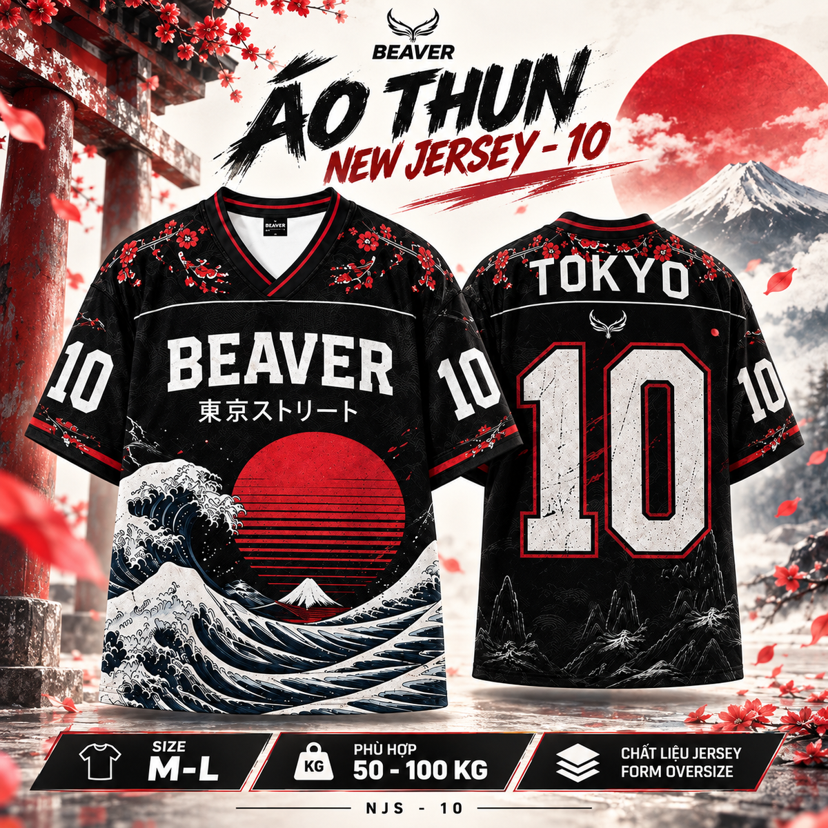 Áo Thun New Jersey BEAVERTEE NJS-10 Nam Nữ, Áo Thun Thể Thao Unisex, Họa Tiết Sóng Biển Nhật Bản Số 10 Đen Đỏ, Phong Cách Tokyo Streetwear, Jersey Thun Lưới Thoáng Khí, Form Oversize