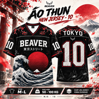 Áo Thun New Jersey BEAVERTEE NJS-10 Nam Nữ, Áo Thun Thể Thao Unisex, Họa Tiết Sóng Biển Nhật Bản Số 10 Đen Đỏ, Phong Cách Tokyo Streetwear, Jersey Thun Lưới Thoáng Khí, Form Oversize