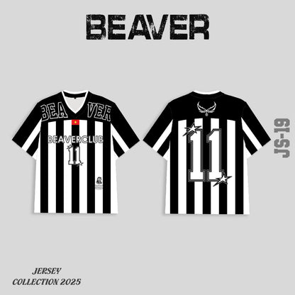 Áo Thun Jersey JS-19 BEAVERTEE Form Rộng Nam Nữ Cổ Tim, Thiết Kế Đen Trắng Sọc Dọc Số 11 BEAVERCLUB Graphic Ngôi Sao Phong Cách Thể Thao Top Sport Cá Tính, Mềm Nhẹ Thoáng Mát