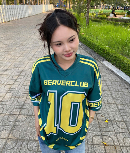Áo Thun Jersey 03 BEAVERTEE Form Rộng Nam Nữ Cổ Tim, Thiết Kế Xanh Lá Vàng Số 10 Graphic Ngọn Lửa Phong Cách Thể Thao Top Sport Cá Tính, Mềm Nhẹ Thoáng Mát