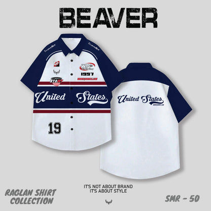 Áo Sơ Mi Phối SMR-50 BEAVERTEE Form Rộng Unisex Nam Nữ, Thiết Kế Phối Xanh Đen Trắng Đỏ Graphic United States Số 19 Cá Tính, Lụa Hàn Mềm Mịn Thoáng Mát