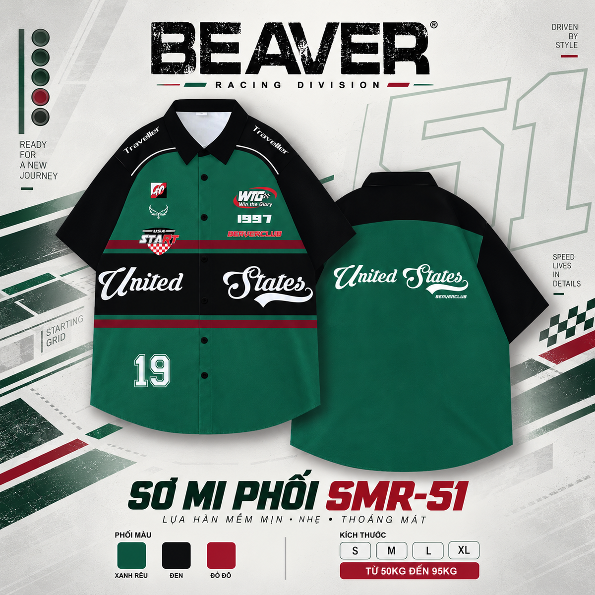 Áo Sơ Mi Phối SMR-51 BEAVERTEE Form Rộng Unisex Nam Nữ, Thiết Kế Xanh Rêu Đen Đỏ Graphic United States Số 19 Cá Tính, Lụa Hàn Mềm Mịn Thoáng Mát