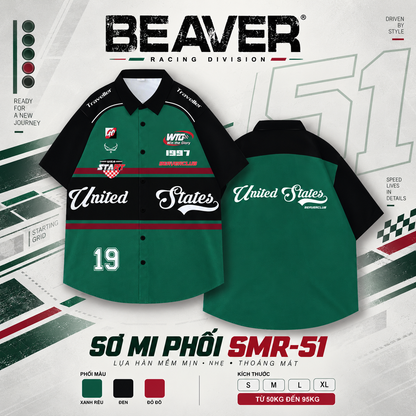 Áo Sơ Mi Phối SMR-51 BEAVERTEE Form Rộng Unisex Nam Nữ, Thiết Kế Xanh Rêu Đen Đỏ Graphic United States Số 19 Cá Tính, Lụa Hàn Mềm Mịn Thoáng Mát