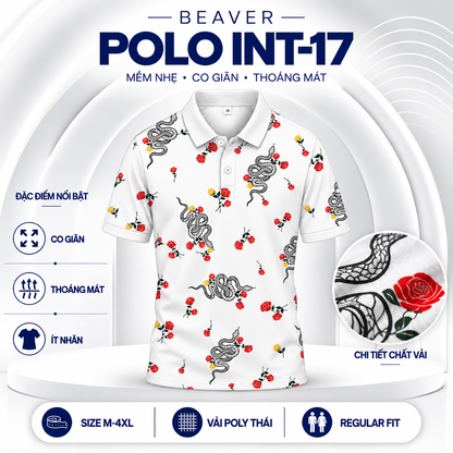 Áo Polo BEAVERTEE INT-17 Nam Nữ, Áo Polo Thể Thao Unisex Họa Tiết Rắn Hoa Hồng Đỏ Trên Nền Trắng, Phong Cách Cá Tính Nghệ Thuật, Vải Poly Thái Co Giãn Thoáng Mát, Regular Fit