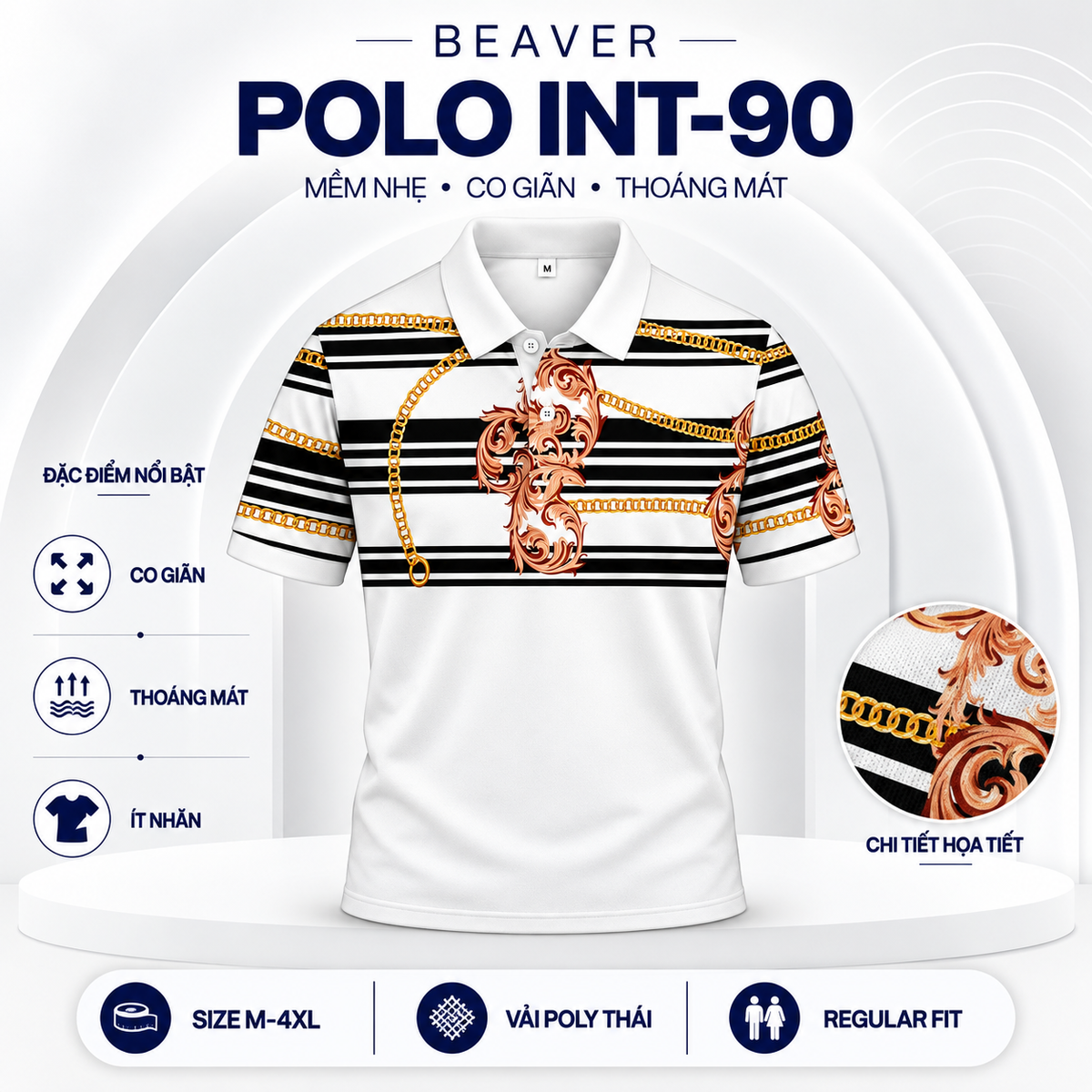 Áo Polo BEAVERTEE INT-90 Nam Nữ, Áo Polo Thể Thao Unisex Họa Tiết Dây Xích Hoa Văn Đen Cam Trắng, Vải Poly Thái Co Giãn Thoáng Mát, Regular Fit