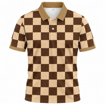 Áo Polo BEAVERTEE INT-73 Nam Nữ, Áo Polo Thể Thao Unisex Họa Tiết Caro Bàn Cờ Nâu Kem, Phong Cách Tối Giản Trẻ Trung, Vải Poly Thái Co Giãn Thoáng Mát, Regular Fit