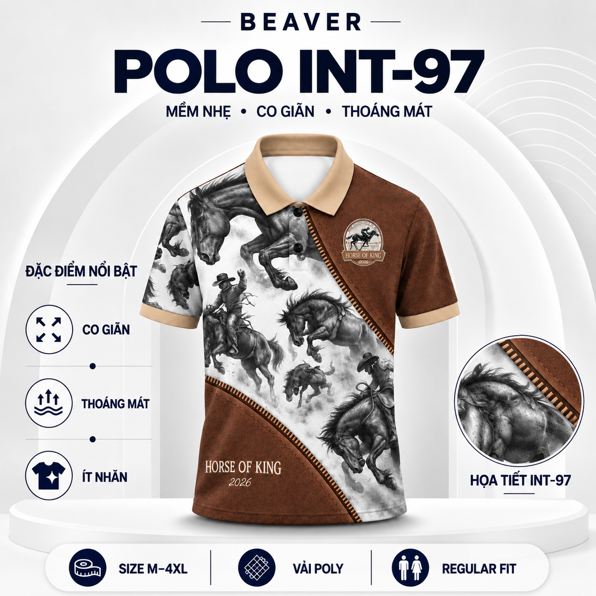 Áo Polo Họa Tiết Ngựa INT-97 BEAVERTEE – Horse of King 2026 Phong Cách Mạnh Mẽ Cá Tính, Nam Nữ Unisex, Vải Poly Mềm Nhẹ Co Giãn Thoáng Mát, Form Vừa Vặn
