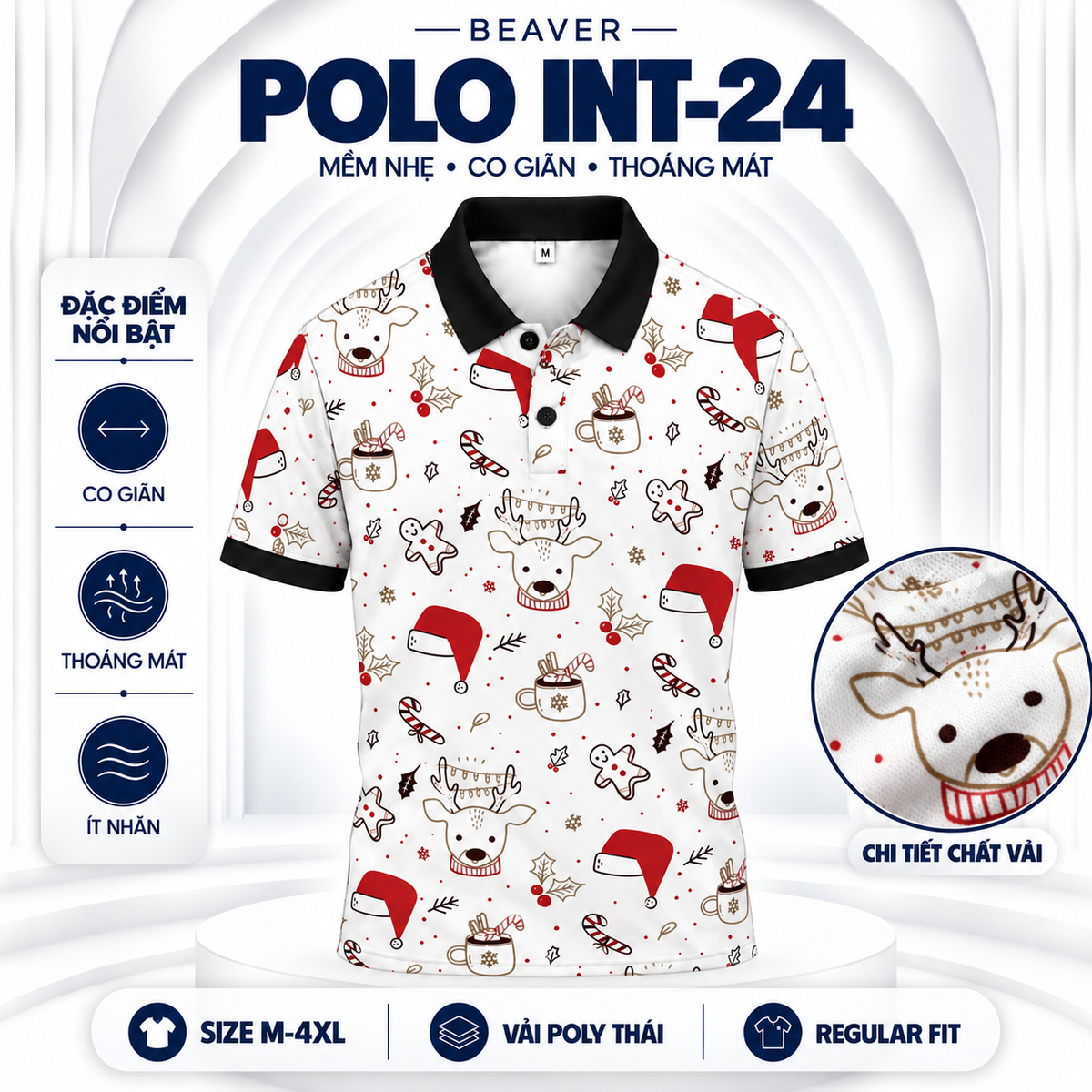 Áo Polo BEAVERTEE INT-24 Nam Nữ, Áo Polo Thể Thao Unisex Họa Tiết Giáng Sinh Tuần Lộc Mũ Noel Kẹo Gậy Trên Nền Trắng, Phong Cách Christmas Trẻ Trung, Vải Poly Thái Co Giãn Thoáng Mát, Regular Fit