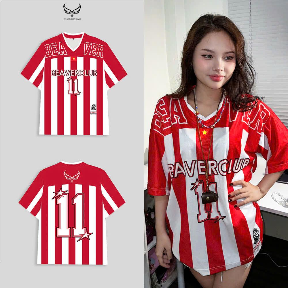 Áo Thun Jersey JS-22 BEAVERTEE Form Rộng Nam Nữ Cổ Tim, Thiết Kế Đỏ Trắng Sọc Dọc Số 11 BEAVERCLUB Graphic Ngôi Sao Phong Cách Thể Thao Top Sport Cá Tính, Mềm Nhẹ Thoáng Mát