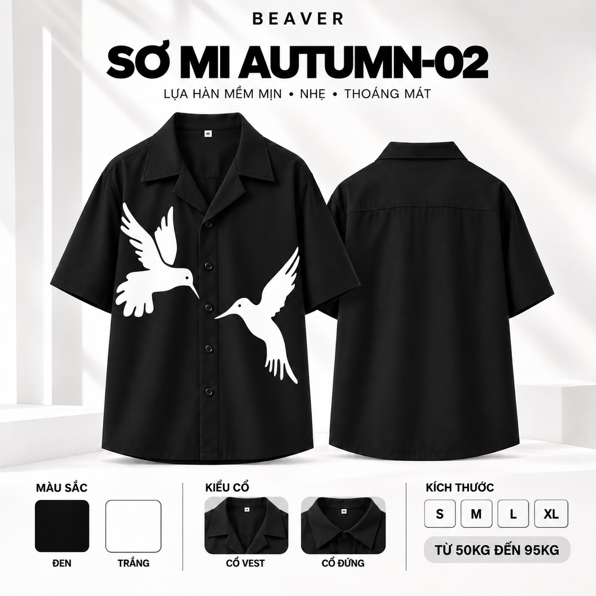 Sơ Mi AUTUMN-02 BEAVERTEE – Bộ Sưu Tập Autumn, Thiết Kế Chim Bay Tối Giản, Tay Ngắn Nam Nữ Unisex, Lụa Hàn Mềm Mát Thấm Hút, Cổ Vest/Cổ Đứng