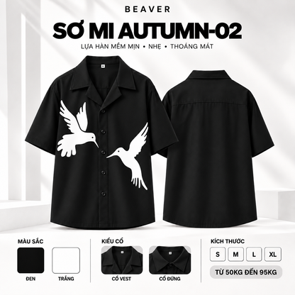 Sơ Mi AUTUMN-02 BEAVERTEE – Bộ Sưu Tập Autumn, Thiết Kế Chim Bay Tối Giản, Tay Ngắn Nam Nữ Unisex, Lụa Hàn Mềm Mát Thấm Hút, Cổ Vest/Cổ Đứng