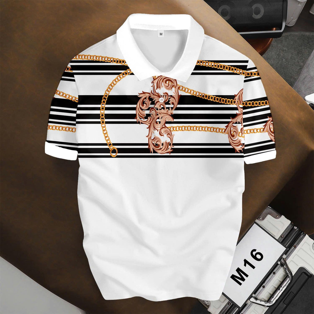 Áo Polo BEAVERTEE INT-90 Nam Nữ, Áo Polo Thể Thao Unisex Họa Tiết Dây Xích Hoa Văn Đen Cam Trắng, Vải Poly Thái Co Giãn Thoáng Mát, Regular Fit